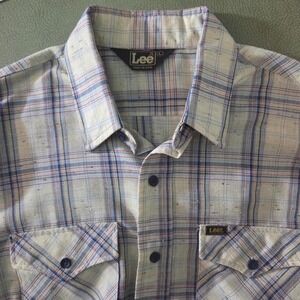 Vintage 1980s Lee white, ref and blue plaid button up with white speckled fabric